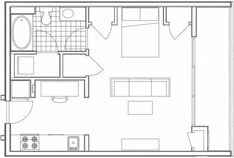 Floor plan for studio, 1 bath, 600 sqft